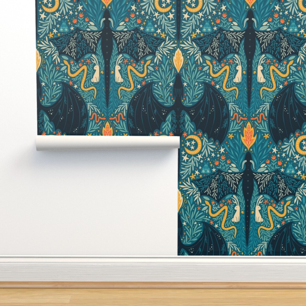 Folk Dragons Fairy Tale Botanical Kids Room Magical Dragons Jackalopes Maximalist Custom Pre-pasted Wallpaper by Spoonflower Pre-Pasted Wallpaper 2FT Wide